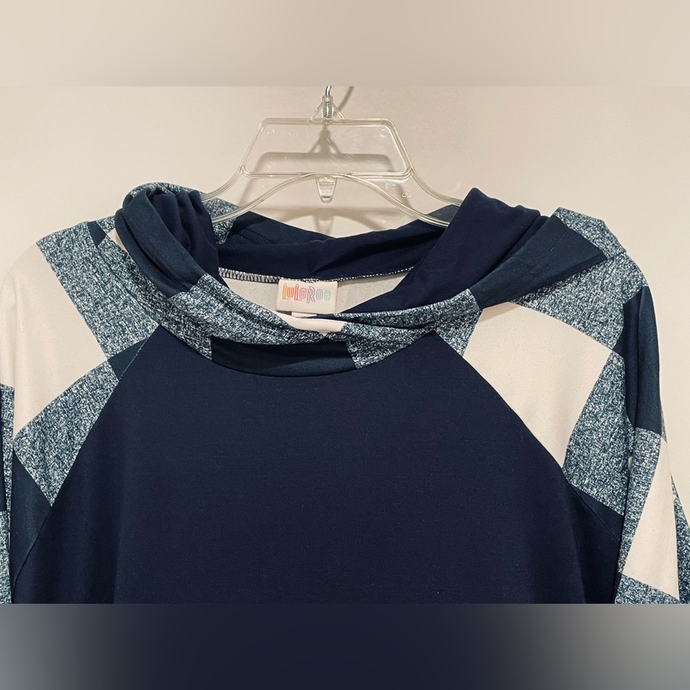 LuLaRoe “Amber” Navy and White Checkered & Solid Prints Pullover Hoodie. EUC - Picture 3 of 15